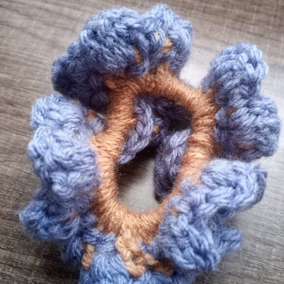 Handmade Ruffled Crochet Scrunchie – Heather Dusty Blue Hair Accessory - Picture 4 of 4